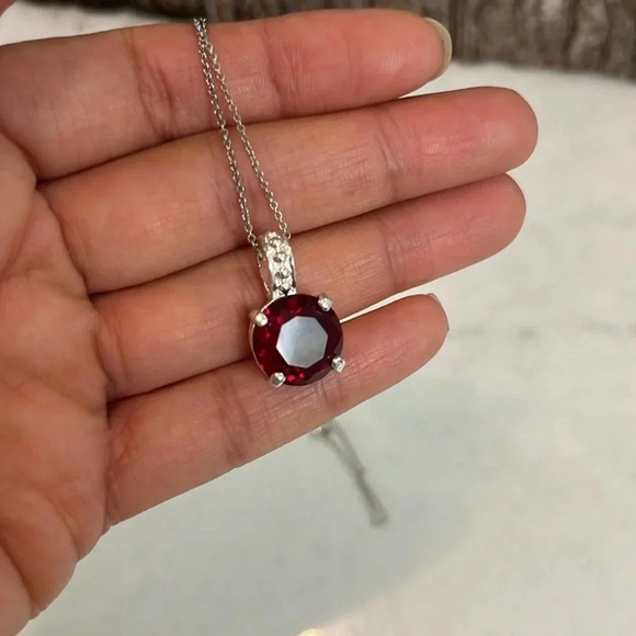 RMN Ruby Zirconia Pendant Necklace Silver Tone Chain Women’s Jewelry - Picture 7 of 9